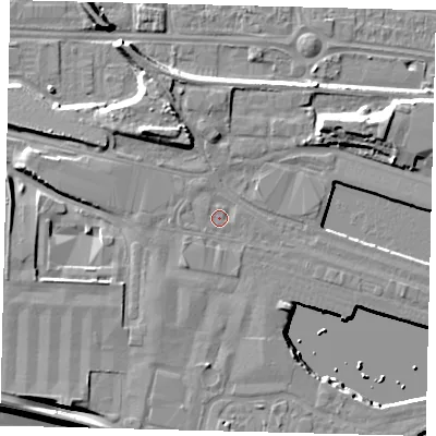 Shaded relief map of the ground around HU95PW, computed from Environment Agency LiDAR. The ground here sits at about 5 m above sea level and falls 11 m across the surrounding 800 m. Surface water reaching this point runs off ground lying to the south, 1.4 m higher.