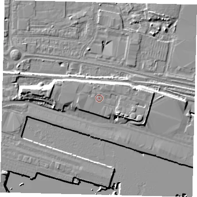 Shaded relief map of the ground around HU95PX, computed from Environment Agency LiDAR. The ground here sits at about 7 m above sea level and falls 8 m across the surrounding 800 m. Surface water reaching this point runs off ground lying to the north, 1.0 m higher.