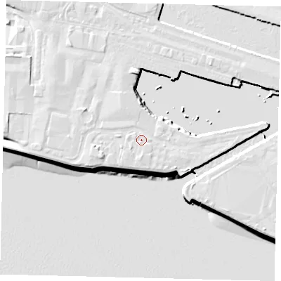 Shaded relief map of the ground around HU95QB, computed from Environment Agency LiDAR. The ground here sits at about 6 m above sea level and falls 10 m across the surrounding 800 m. Surface water reaching this point runs off ground lying to the south, 0.6 m higher.
