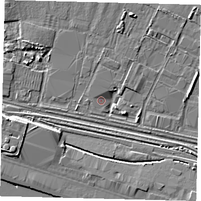 Shaded relief map of the ground around HU95QD, computed from Environment Agency LiDAR. The ground here sits at about 2 m above sea level and falls 7 m across the surrounding 800 m. Surface water reaching this point runs off ground lying to the east-south-east, 2.6 m higher.