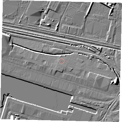 Shaded relief map of the ground around HU95QE, computed from Environment Agency LiDAR. The ground here sits at about 5 m above sea level and falls 19 m across the surrounding 800 m. Surface water reaching this point runs off ground lying to the south, 1.4 m higher.