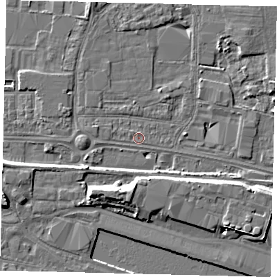 Shaded relief map of the ground around HU95QJ, computed from Environment Agency LiDAR. The ground here sits at about 3 m above sea level and falls 8 m across the surrounding 800 m. Surface water reaching this point runs off ground lying to the west-north-west, 0.8 m higher.