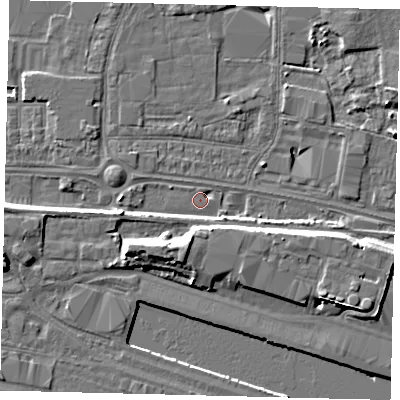 Shaded relief map of the ground around HU95QN, computed from Environment Agency LiDAR. The ground here sits at about 3 m above sea level and falls 8 m across the surrounding 800 m. Surface water reaching this point runs off ground lying to the west, 1.0 m higher.