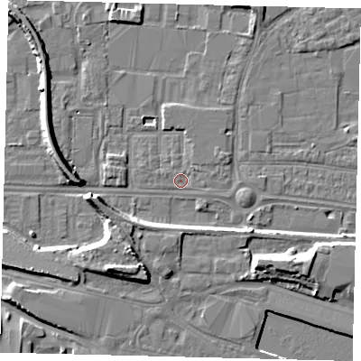 Shaded relief map of the ground around HU95QP, computed from Environment Agency LiDAR. The ground here sits at about 3 m above sea level and falls 9 m across the surrounding 800 m. Surface water reaching this point runs off ground lying to the east-north-east, 0.8 m higher.