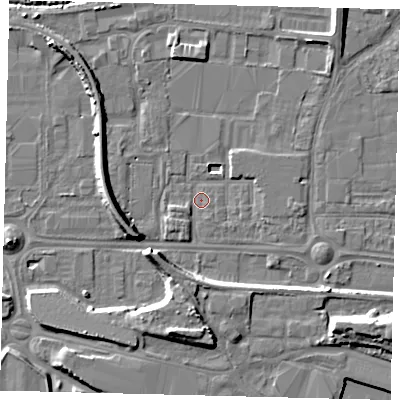 Shaded relief map of the ground around HU95QR, computed from Environment Agency LiDAR. The ground here sits at about 2 m above sea level and falls 9 m across the surrounding 800 m. Surface water reaching this point runs off ground lying to the south, 6.6 m higher.