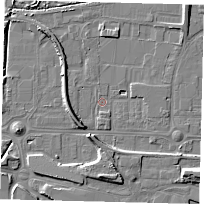 Shaded relief map of the ground around HU95QS, computed from Environment Agency LiDAR. The ground here sits at about 2 m above sea level and falls 10 m across the surrounding 800 m. Surface water reaching this point runs off ground lying to the south-west, 7.7 m higher.