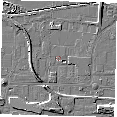Shaded relief map of the ground around HU95QT, computed from Environment Agency LiDAR. The ground here sits at about 2 m above sea level and falls 10 m across the surrounding 800 m. Surface water reaching this point runs off ground lying to the south-west, 7.7 m higher.