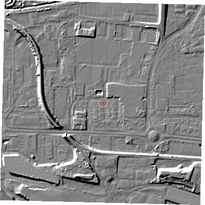 Shaded relief map of the ground around HU95QU, computed from Environment Agency LiDAR. The ground here sits at about 2 m above sea level and falls 10 m across the surrounding 800 m. Surface water reaching this point runs off ground lying to the south-south-west, 6.6 m higher.