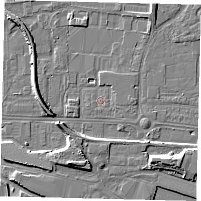 Shaded relief map of the ground around HU95QX, computed from Environment Agency LiDAR. The ground here sits at about 3 m above sea level and falls 9 m across the surrounding 800 m. Surface water reaching this point runs off ground lying to the east, 1.4 m higher.