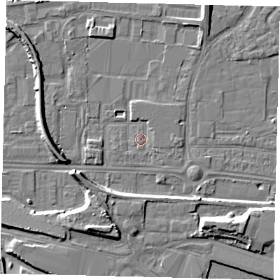 Shaded relief map of the ground around HU95QZ, computed from Environment Agency LiDAR. The ground here sits at about 3 m above sea level and falls 9 m across the surrounding 800 m. Surface water reaching this point runs off ground lying to the south-east, 1.0 m higher.