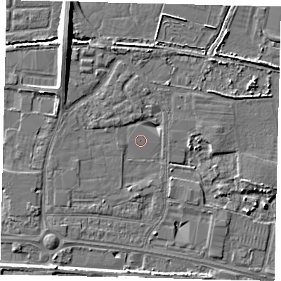 Shaded relief map of the ground around HU95RA, computed from Environment Agency LiDAR. The ground here sits at about 2 m above sea level and falls 8 m across the surrounding 800 m. Surface water reaching this point runs off ground lying to the south-west, 2.5 m higher.