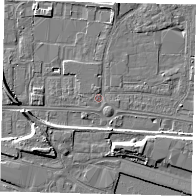 Shaded relief map of the ground around HU95RB, computed from Environment Agency LiDAR. The ground here sits at about 3 m above sea level and falls 9 m across the surrounding 800 m. Surface water reaching this point runs off ground lying to the north-north-west, 1.1 m higher.