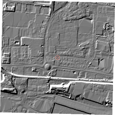 Shaded relief map of the ground around HU95RD, computed from Environment Agency LiDAR. The ground here sits at about 3 m above sea level and falls 9 m across the surrounding 800 m. Surface water reaching this point runs off ground lying to the west-south-west, 1.0 m higher.