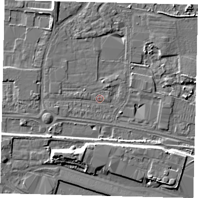 Shaded relief map of the ground around HU95RE, computed from Environment Agency LiDAR. The ground here sits at about 3 m above sea level and falls 8 m across the surrounding 800 m. Surface water reaching this point runs off ground lying to the west, 2.3 m higher.