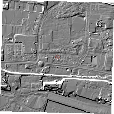Shaded relief map of the ground around HU95RF, computed from Environment Agency LiDAR. The ground here sits at about 3 m above sea level and falls 8 m across the surrounding 800 m. Surface water reaching this point runs off ground lying to the west, 1.0 m higher.