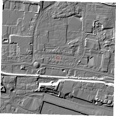 Shaded relief map of the ground around HU95RG, computed from Environment Agency LiDAR. The ground here sits at about 3 m above sea level and falls 8 m across the surrounding 800 m. Surface water reaching this point runs off ground lying to the west, 1.0 m higher.