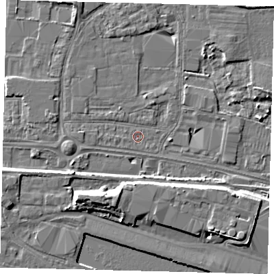 Shaded relief map of the ground around HU95RH, computed from Environment Agency LiDAR. The ground here sits at about 2 m above sea level and falls 8 m across the surrounding 800 m. Surface water reaching this point runs off ground lying to the west, 0.5 m higher.