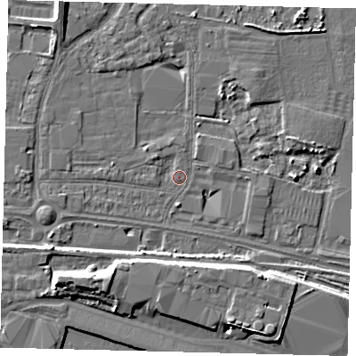 Shaded relief map of the ground around HU95RJ, computed from Environment Agency LiDAR. The ground here sits at about 3 m above sea level and falls 8 m across the surrounding 800 m. Surface water reaching this point runs off ground lying to the west, 2.3 m higher.