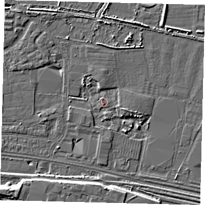 Shaded relief map of the ground around HU95RL, computed from Environment Agency LiDAR. The ground here sits at about 3 m above sea level and falls 8 m across the surrounding 800 m. Surface water reaching this point runs off ground lying to the east-south-east, 2.0 m higher.