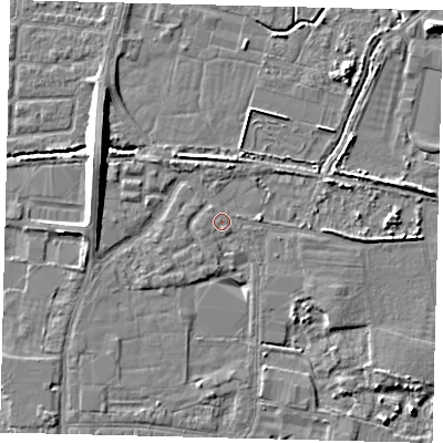 Shaded relief map of the ground around HU95RN, computed from Environment Agency LiDAR. The ground here sits at about 3 m above sea level and falls 8 m across the surrounding 800 m. Surface water reaching this point runs off ground lying to the west-north-west, 7.2 m higher.