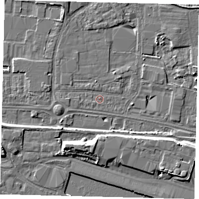 Shaded relief map of the ground around HU95RQ, computed from Environment Agency LiDAR. The ground here sits at about 3 m above sea level and falls 8 m across the surrounding 800 m. Surface water reaching this point runs off ground lying to the west, 1.0 m higher.