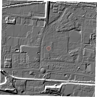Shaded relief map of the ground around HU95RS, computed from Environment Agency LiDAR. The ground here sits at about 3 m above sea level and falls 10 m across the surrounding 800 m. The ground contributing surface water to this point lies to the north-east.