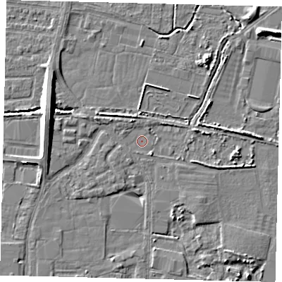 Shaded relief map of the ground around HU95RT, computed from Environment Agency LiDAR. The ground here sits at about 2 m above sea level and falls 8 m across the surrounding 800 m. Surface water reaching this point runs off ground lying to the east, 2.2 m higher.