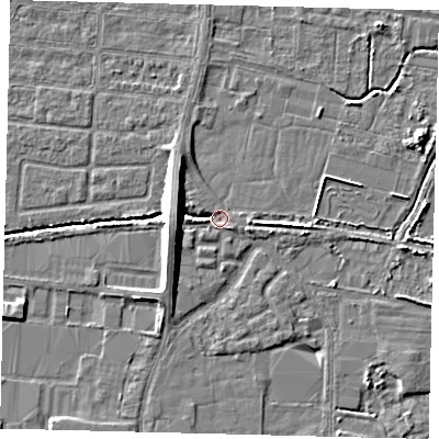 Shaded relief map of the ground around HU95RX, computed from Environment Agency LiDAR. The ground here sits at about 2 m above sea level and falls 8 m across the surrounding 800 m. Surface water reaching this point runs off ground lying to the west-south-west, 8.5 m higher.