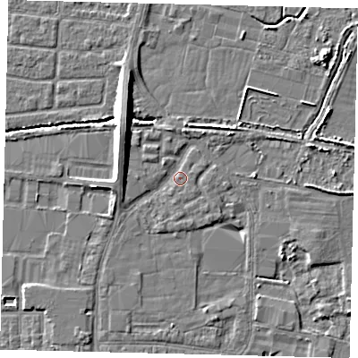 Shaded relief map of the ground around HU95SA, computed from Environment Agency LiDAR. The ground here sits at about 3 m above sea level and falls 8 m across the surrounding 800 m. Surface water reaching this point runs off ground lying to the south-east, 1.0 m higher.