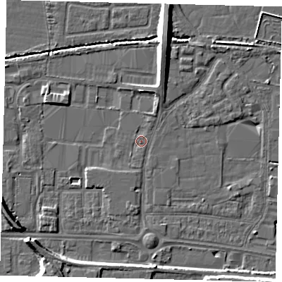 Shaded relief map of the ground around HU95SB, computed from Environment Agency LiDAR. The ground here sits at about 3 m above sea level and falls 8 m across the surrounding 800 m. Surface water reaching this point runs off ground lying to the south, 1.4 m higher.