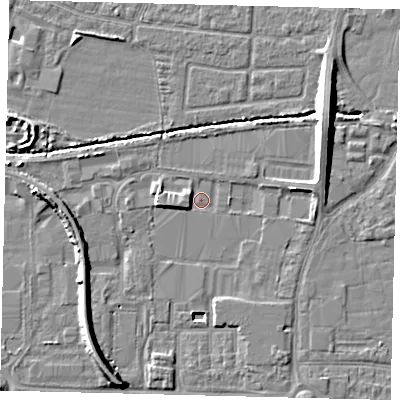 Shaded relief map of the ground around HU95SD, computed from Environment Agency LiDAR. The ground here sits at about 2 m above sea level and falls 8 m across the surrounding 800 m. Surface water reaching this point runs off ground lying to the south-south-west, 7.7 m higher.