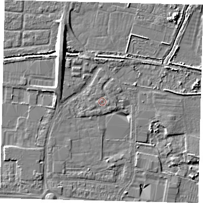 Shaded relief map of the ground around HU95SE, computed from Environment Agency LiDAR. The ground here sits at about 3 m above sea level and falls 8 m across the surrounding 800 m. Surface water reaching this point runs off ground lying to the east-south-east, 0.5 m higher.