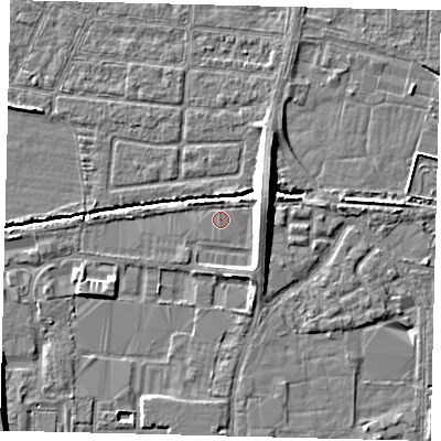 Shaded relief map of the ground around HU95SG, computed from Environment Agency LiDAR. The ground here sits at about 3 m above sea level and falls 8 m across the surrounding 800 m. Surface water reaching this point runs off ground lying to the east-north-east, 7.0 m higher.