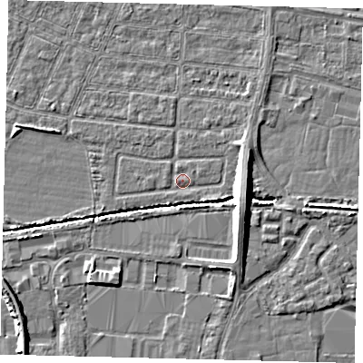 Shaded relief map of the ground around HU95SJ, computed from Environment Agency LiDAR. The ground here sits at about 2 m above sea level and falls 8 m across the surrounding 800 m. Surface water reaching this point runs off ground lying to the east-south-east, 1.2 m higher.