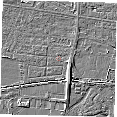 Shaded relief map of the ground around HU95SQ, computed from Environment Agency LiDAR. The ground here sits at about 2 m above sea level and falls 8 m across the surrounding 800 m. Surface water reaching this point runs off ground lying to the east-south-east, 2.1 m higher.