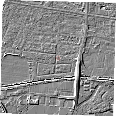 Shaded relief map of the ground around HU95SU, computed from Environment Agency LiDAR. The ground here sits at about 2 m above sea level and falls 10 m across the surrounding 800 m. Surface water reaching this point runs off ground lying to the south-east, 8.4 m higher.