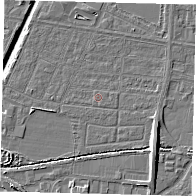 Shaded relief map of the ground around HU95SW, computed from Environment Agency LiDAR. The ground here sits at about 2 m above sea level and falls 11 m across the surrounding 800 m. Surface water reaching this point runs off ground lying to the south-west, 0.6 m higher.