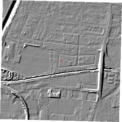 Shaded relief map of the ground around HU95SY, computed from Environment Agency LiDAR. The ground here sits at about 2 m above sea level and falls 11 m across the surrounding 800 m. Surface water reaching this point runs off ground lying to the east-south-east, 8.4 m higher.