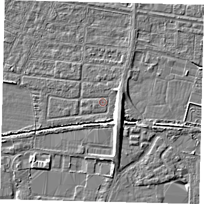 Shaded relief map of the ground around HU95SZ, computed from Environment Agency LiDAR. The ground here sits at about 2 m above sea level and falls 8 m across the surrounding 800 m. Surface water reaching this point runs off ground lying to the south-east, 8.4 m higher.