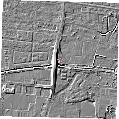 Shaded relief map of the ground around HU95TB, computed from Environment Agency LiDAR. The ground here sits at about 3 m above sea level and falls 8 m across the surrounding 800 m. Surface water reaching this point runs off ground lying to the south-south-west, 8.5 m higher.