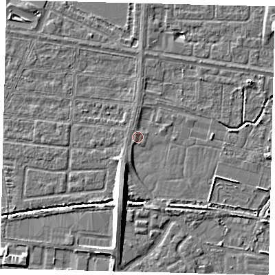 Shaded relief map of the ground around HU95TD, computed from Environment Agency LiDAR. The ground here sits at about 2 m above sea level and falls 8 m across the surrounding 800 m. Surface water reaching this point runs off ground lying to the south-south-west, 8.5 m higher.