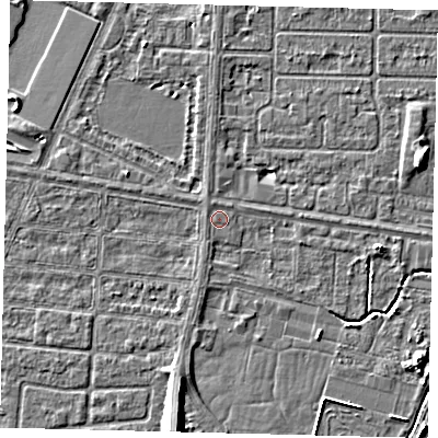 Shaded relief map of the ground around HU95TF, computed from Environment Agency LiDAR. The ground here sits at about 2 m above sea level and falls 8 m across the surrounding 800 m. Surface water reaching this point runs off ground lying to the north-north-west, 0.5 m higher.