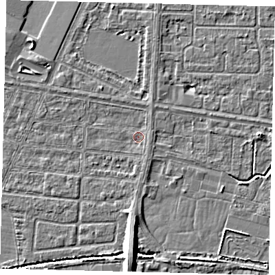 Shaded relief map of the ground around HU95TH, computed from Environment Agency LiDAR. The ground here sits at about 2 m above sea level and falls 8 m across the surrounding 800 m. Surface water reaching this point runs off ground lying to the south, 1.0 m higher.