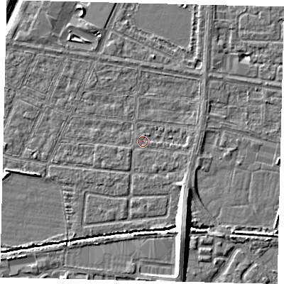 Shaded relief map of the ground around HU95TJ, computed from Environment Agency LiDAR. The ground here sits at about 2 m above sea level and falls 11 m across the surrounding 800 m. Surface water reaching this point runs off ground lying to the south-south-east, 8.4 m higher.