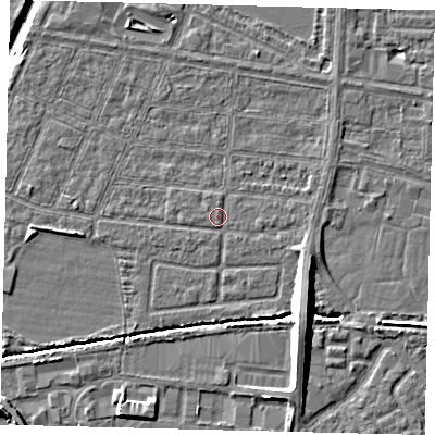 Shaded relief map of the ground around HU95TL, computed from Environment Agency LiDAR. The ground here sits at about 3 m above sea level and falls 11 m across the surrounding 800 m. Surface water reaching this point runs off ground lying to the south-east, 8.4 m higher.