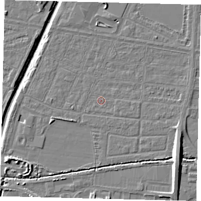 Shaded relief map of the ground around HU95TN, computed from Environment Agency LiDAR. The ground here sits at about 2 m above sea level and falls 11 m across the surrounding 800 m. Surface water reaching this point runs off ground lying to the east-south-east, 0.6 m higher.