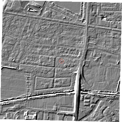 Shaded relief map of the ground around HU95TW, computed from Environment Agency LiDAR. The ground here sits at about 2 m above sea level and falls 11 m across the surrounding 800 m. Surface water reaching this point runs off ground lying to the south-south-east, 7.1 m higher.