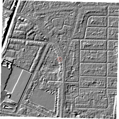 Shaded relief map of the ground around HU95UA, computed from Environment Agency LiDAR. The ground here sits at about 2 m above sea level and falls 6 m across the surrounding 800 m. Surface water reaching this point runs off ground lying to the west, 3.2 m higher.