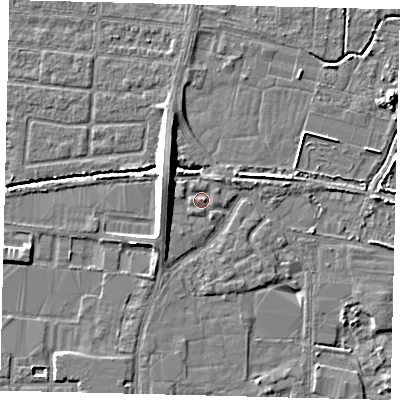Shaded relief map of the ground around HU95UB, computed from Environment Agency LiDAR. The ground here sits at about 3 m above sea level and falls 8 m across the surrounding 800 m. Surface water reaching this point runs off ground lying to the north-east, 1.0 m higher.