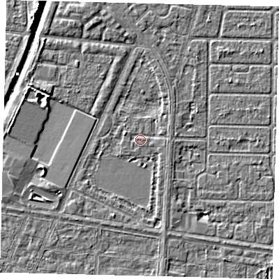 Shaded relief map of the ground around HU95UG, computed from Environment Agency LiDAR. The ground here sits at about 2 m above sea level and falls 6 m across the surrounding 800 m. Surface water reaching this point runs off ground lying to the south-south-west, 2.0 m higher.
